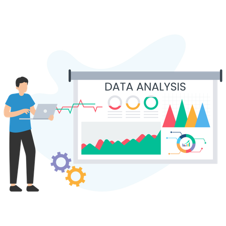 Hombre trabajando en una computadora portátil mientras realiza análisis de datos  Ilustración