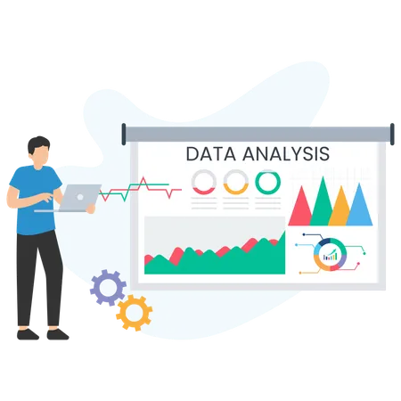 Hombre trabajando en una computadora portátil mientras realiza análisis de datos  Ilustración