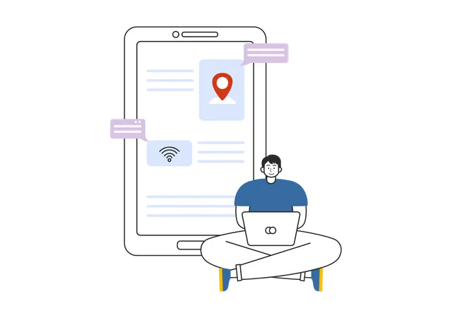 Hombre trabajando en una computadora portátil mientras usa la red wifi  Ilustración