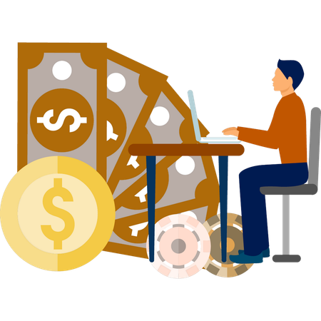 Hombre trabajando en una computadora portátil para ganar dinero jugando  Ilustración