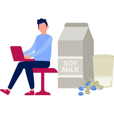 Hombre trabajando en una computadora portátil sobre la proteína de la leche de soja  Ilustración