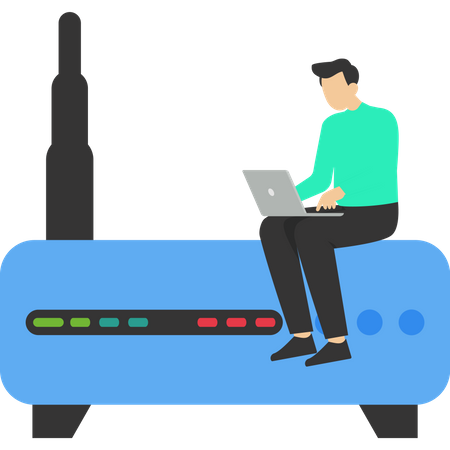 Hombre trabajando en una computadora portátil usando un dispositivo wifi  Ilustración