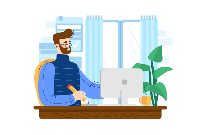 Hombre trabajando en la computadora portátil  Illustration