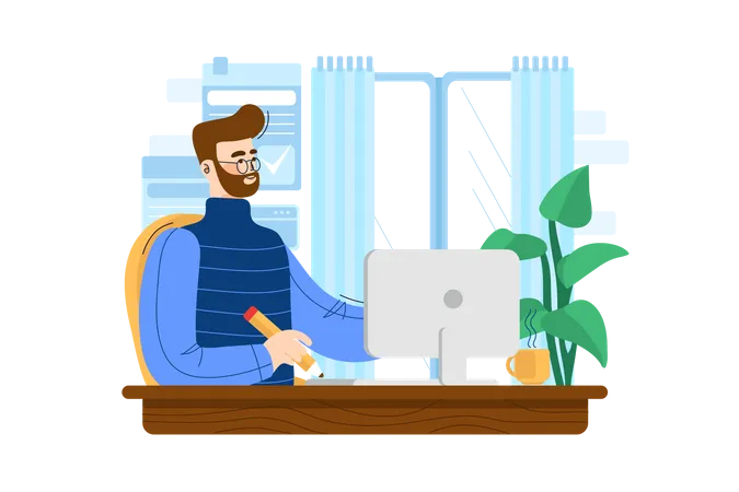 Hombre trabajando en la computadora portátil  Illustration