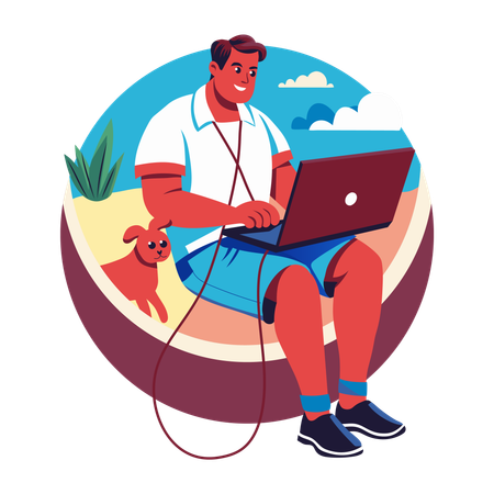 Hombre trabajando de vacaciones  Ilustración