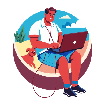 Hombre trabajando de vacaciones  Ilustración