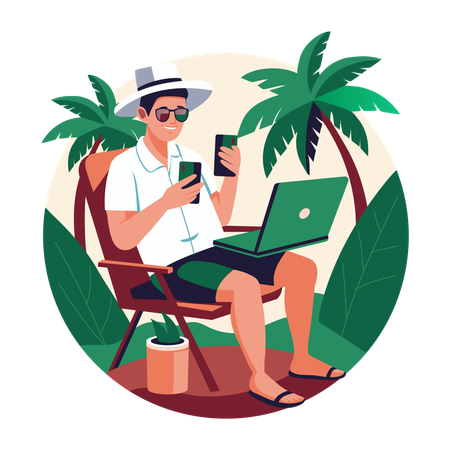 Hombre trabajando de vacaciones  Ilustración