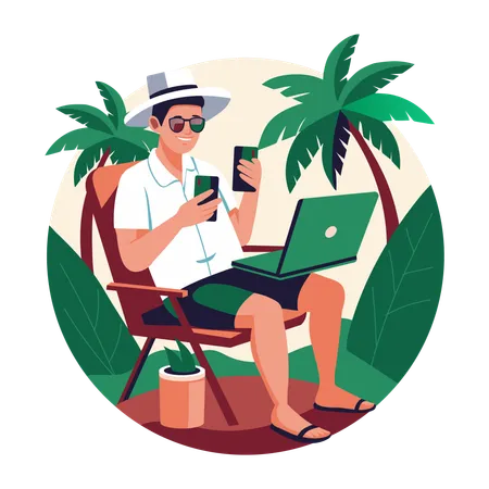 Hombre trabajando de vacaciones  Ilustración