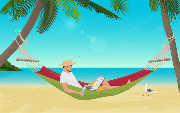 Hombre trabajando de vacaciones  Ilustración