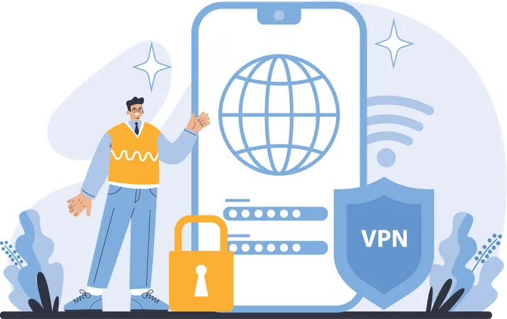 Hombre trabajando en seguridad vpn  Ilustración