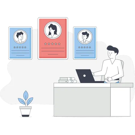 Hombre trabajando intensamente en su computadora portátil en un escritorio rodeado de papeles y una taza de café.  Ilustración
