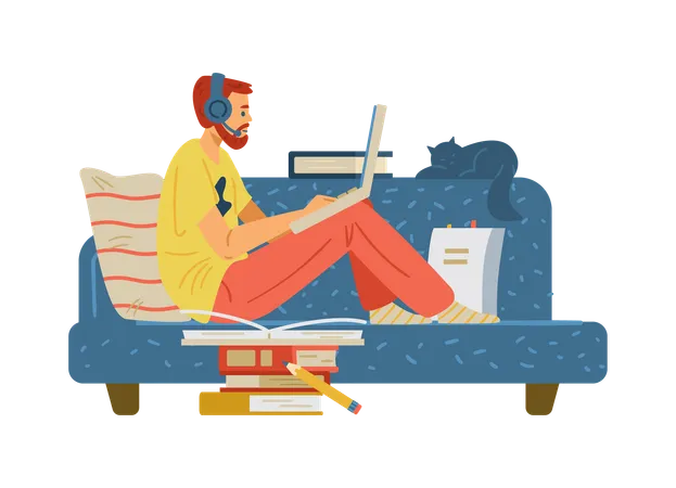 Hombre trabajando o estudiando a distancia desde casa  Ilustración