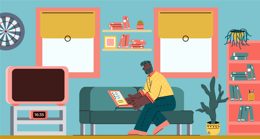 Hombre trabajando remotamente desde casa usando una computadora portátil  Ilustración