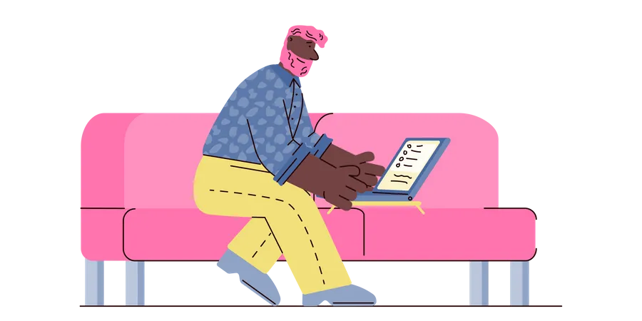 Hombre trabajando remotamente desde casa usando una computadora portátil  Ilustración