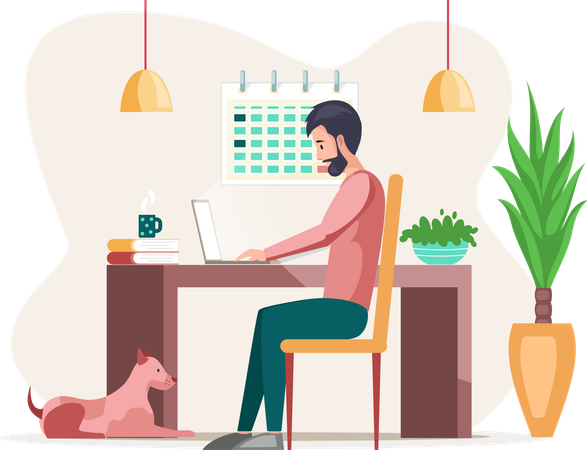 Hombre trabajando sentado en una mesa en la habitación y navegando por Internet  Ilustración