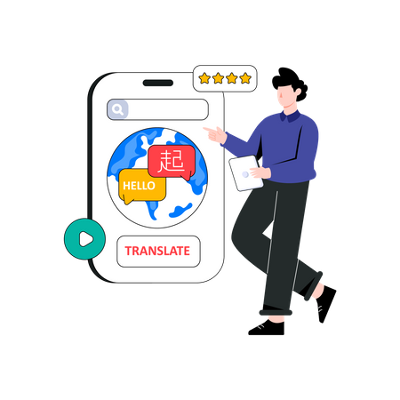 El hombre traduce el idioma global usando la aplicación  Ilustración