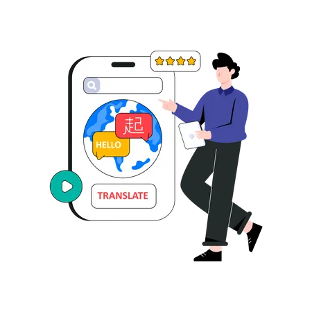 El hombre traduce el idioma global usando la aplicación  Ilustración