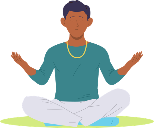 Hombre tranquilo meditando creando armonía y atención plena sintiendo tranquilidad del alma.  Ilustración