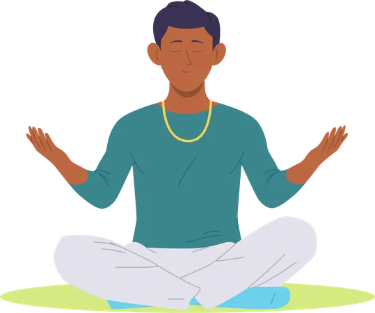 Hombre tranquilo meditando creando armonía y atención plena sintiendo tranquilidad del alma.  Ilustración