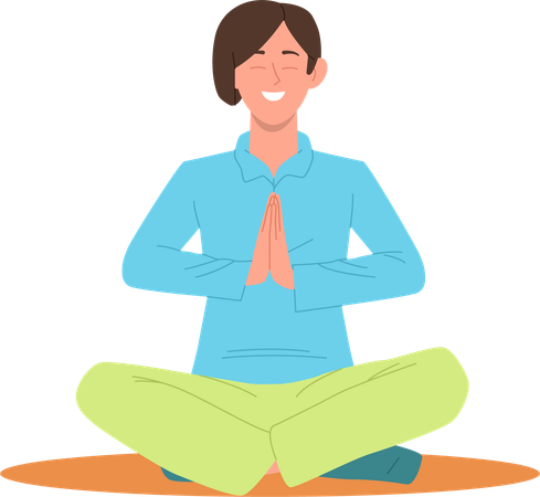 Hombre tranquilo y sonriente meditando sentado en posición de loto, cogidos de la mano en Namaste  Ilustración