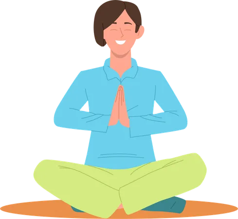 Hombre tranquilo y sonriente meditando sentado en posición de loto, cogidos de la mano en Namaste  Ilustración