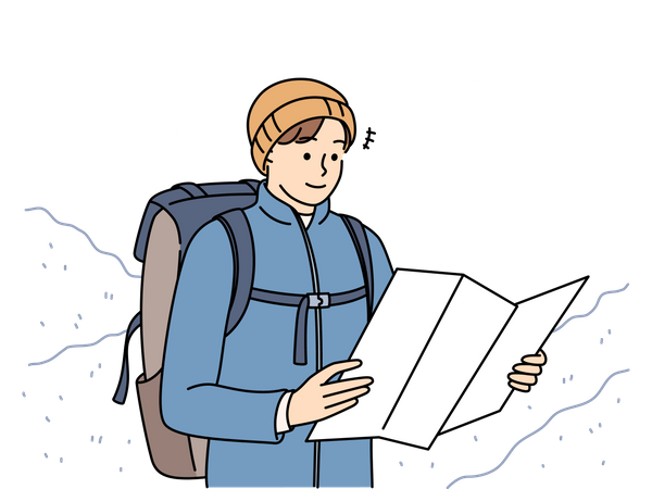 Trekker masculino mirando el mapa  Ilustración