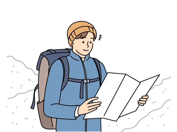 Trekker masculino mirando el mapa  Ilustración