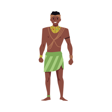 Hombre tribal fuerte de piel oscura con joyas y falda, ropa étnica tradicional.  Ilustración