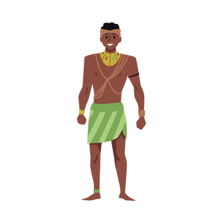Hombre tribal fuerte de piel oscura con joyas y falda, ropa étnica tradicional.  Ilustración