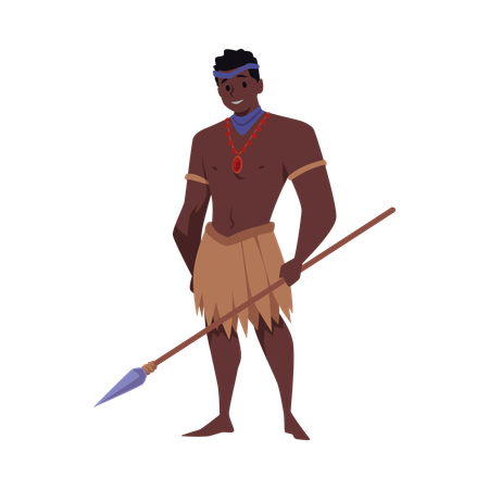 Hombre tribal fuerte de piel oscura con lanza en mano. Aborígenes africanos con ropa étnica tradicional.  Ilustración