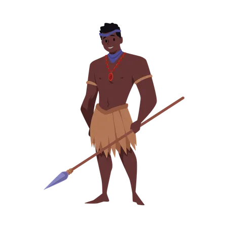 Hombre tribal fuerte de piel oscura con lanza en mano. Aborígenes africanos con ropa étnica tradicional.  Ilustración