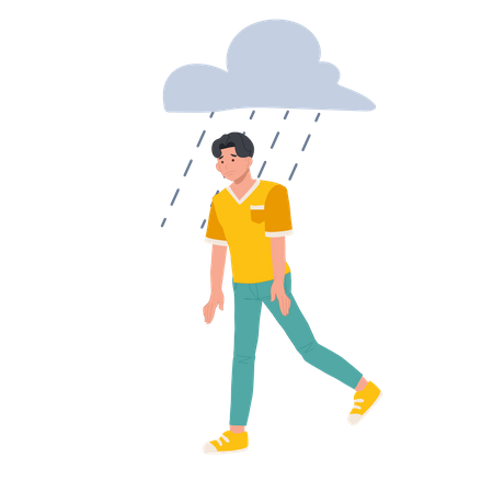 Hombre triste caminando bajo la lluvia  Ilustración