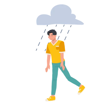 Hombre triste caminando bajo la lluvia  Ilustración