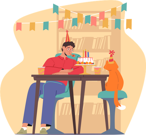 Hombre triste celebra cumpleaños acompañado sólo de su fiel gato  Ilustración