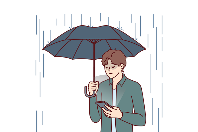 Un hombre triste con paraguas se para bajo la lluvia y lee SMS en el teléfono de su novia se negó a tener una cita  Ilustración