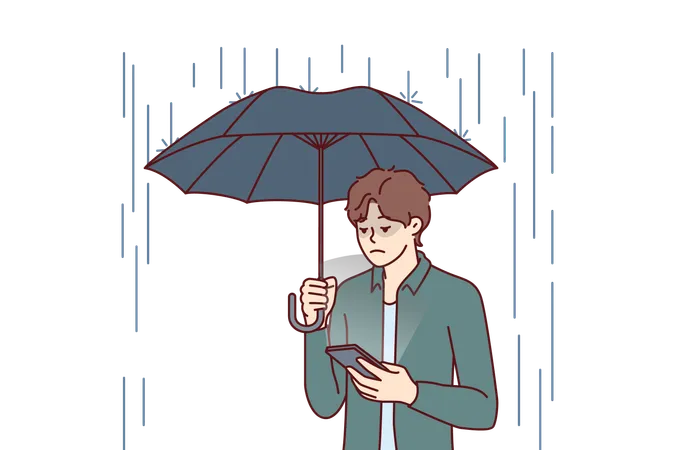 Un hombre triste con paraguas se para bajo la lluvia y lee SMS en el teléfono de su novia se negó a tener una cita  Ilustración