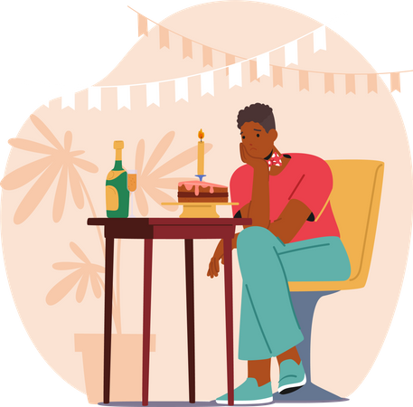 Un hombre triste y solitario celebra su cumpleaños con un pastel solitario y un corazón apesadumbrado  Ilustración