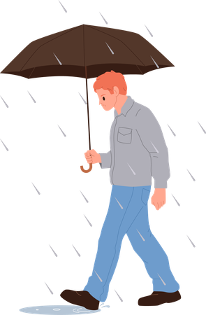 Hombre triste sosteniendo un paraguas caminando bajo una tormenta  Ilustración