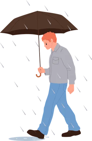 Hombre triste sosteniendo un paraguas caminando bajo una tormenta  Ilustración