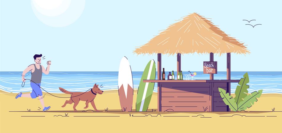 Hombre corriendo en la playa con su perro  Ilustración