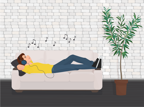Hombre tumbado en el sofá y escuchando música  Ilustración