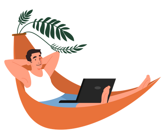Hombre tumbado en una hamaca mientras ve una película  Ilustración