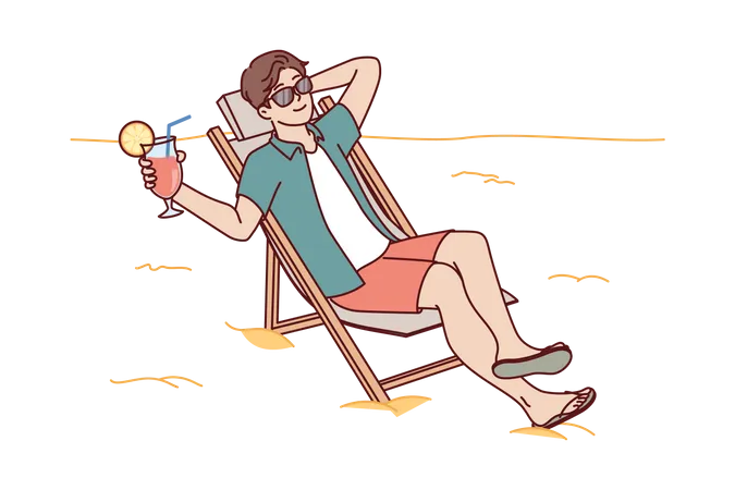 El hombre turista está tomando el sol en la playa sentado en una tumbona y bebiendo un refrescante cóctel afrutado  Ilustración