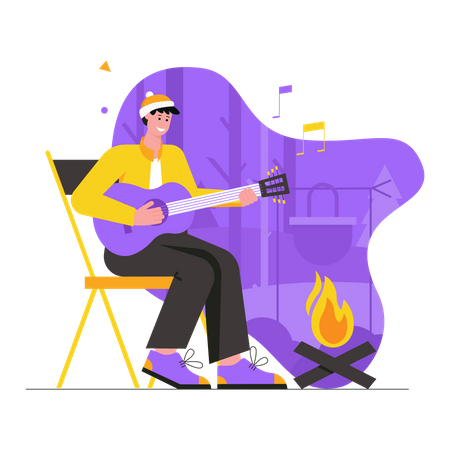 Un turista toca la guitarra y canta canciones cerca de una fogata  Ilustración