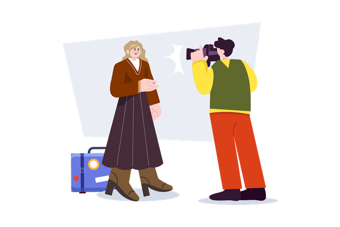 Hombre turista tomando foto de mujer  Ilustración
