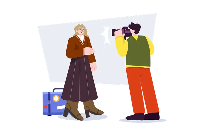 Hombre turista tomando foto de mujer  Ilustración
