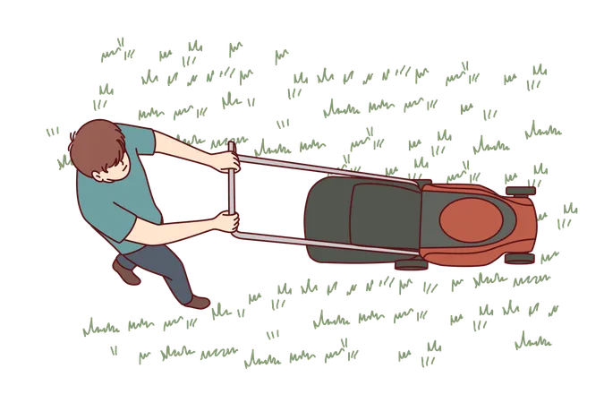 Hombre usa cortadora de césped para cortar el pasto  Ilustración
