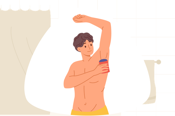 Hombre usa desodorante roll-on para deshacerse del sudor en las axilas parado en el baño con el torso desnudo  Ilustración
