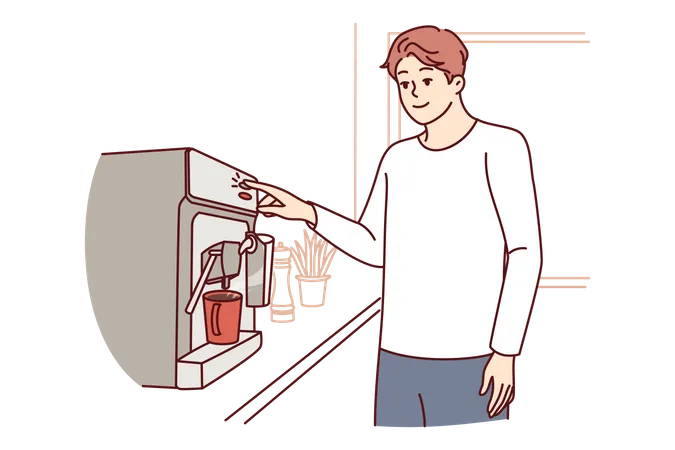 El hombre utiliza la máquina de café de pie en la cocina del apartamento  Ilustración