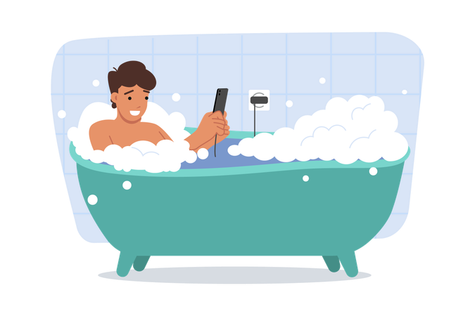 Hombre usando un teléfono móvil y tomándose un baño  Ilustración